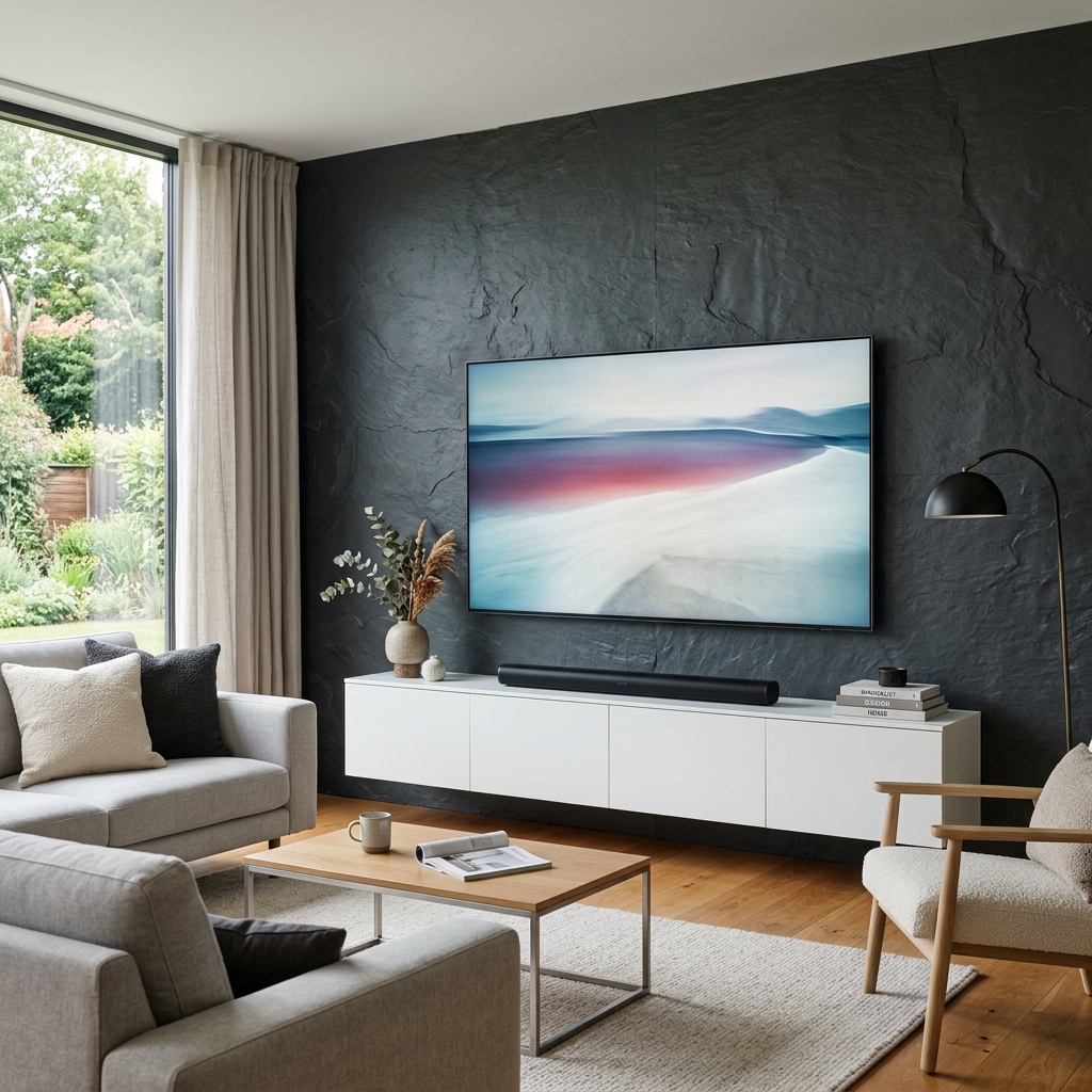 Living room flat mounted smart TV with hidden cabling